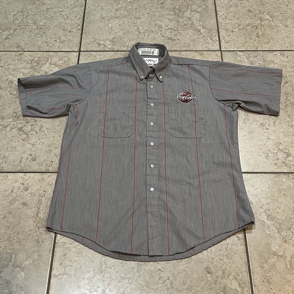 Coca Cola Men’s X-Large Button Down Short Sleeve Gray Red Striped‎ (No Size Tag)
